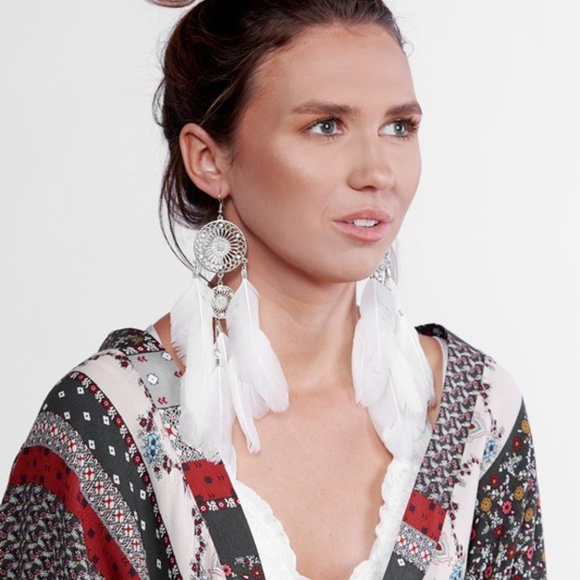 Feather Drop Dream Catcher Statement Earrings - Picture 3 of 3